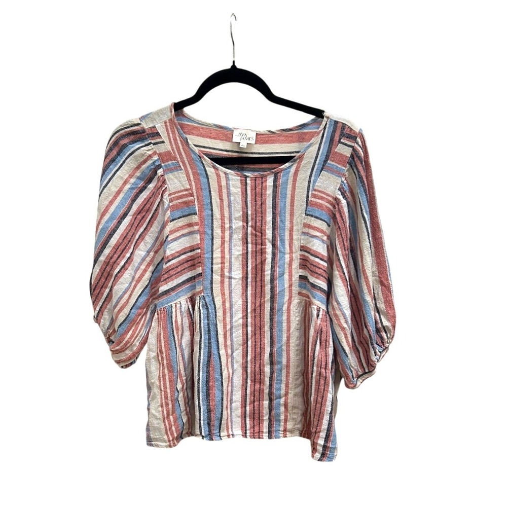 Ava James Womens Linen Blend‎ Coastal Striped Puff Sleeve Peplum Blouse Top LRG
